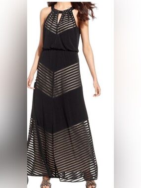 London Times Black Sheer-Stripe Halter Maxi Dress